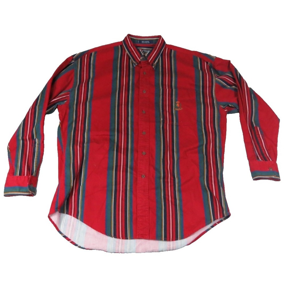 VTG 90s Chaps Ralph Lauren Shirt Mens L Red Multi Stripe Crest Logo Cotton L